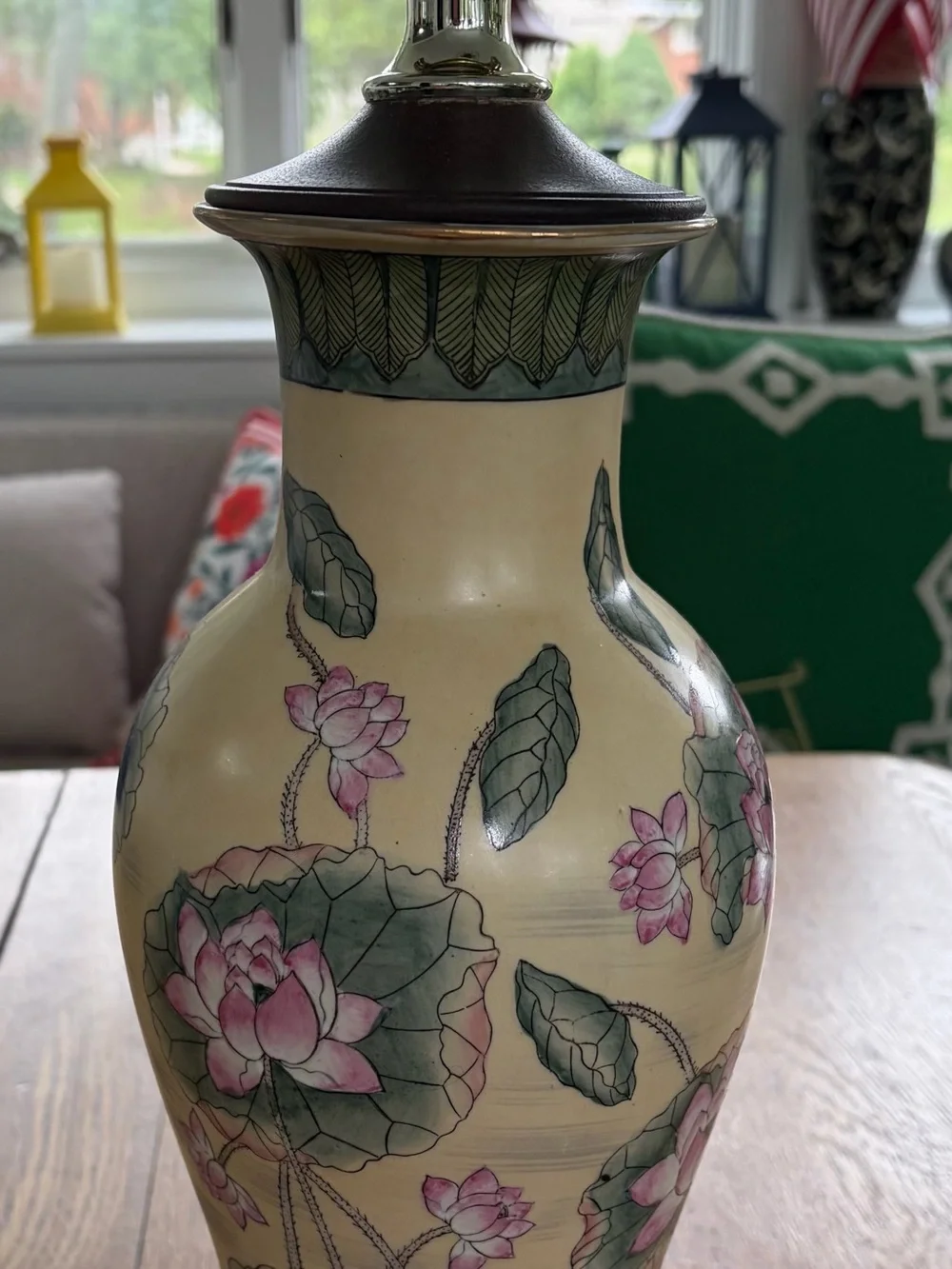 Source Unknown Pink Lotus Ceramic Vase with Green Leaves